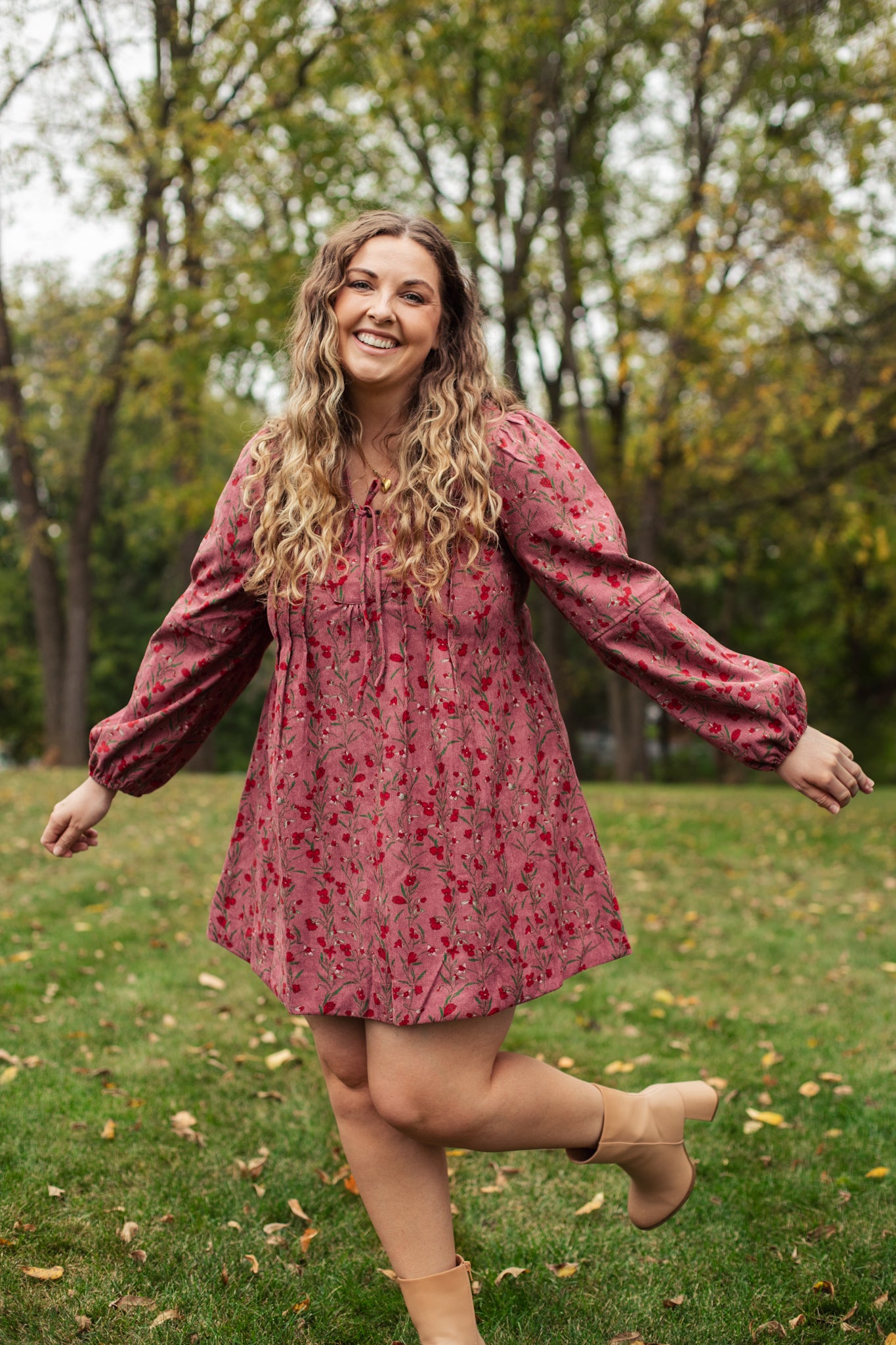 Autumn Floral Corduroy Mini Dress