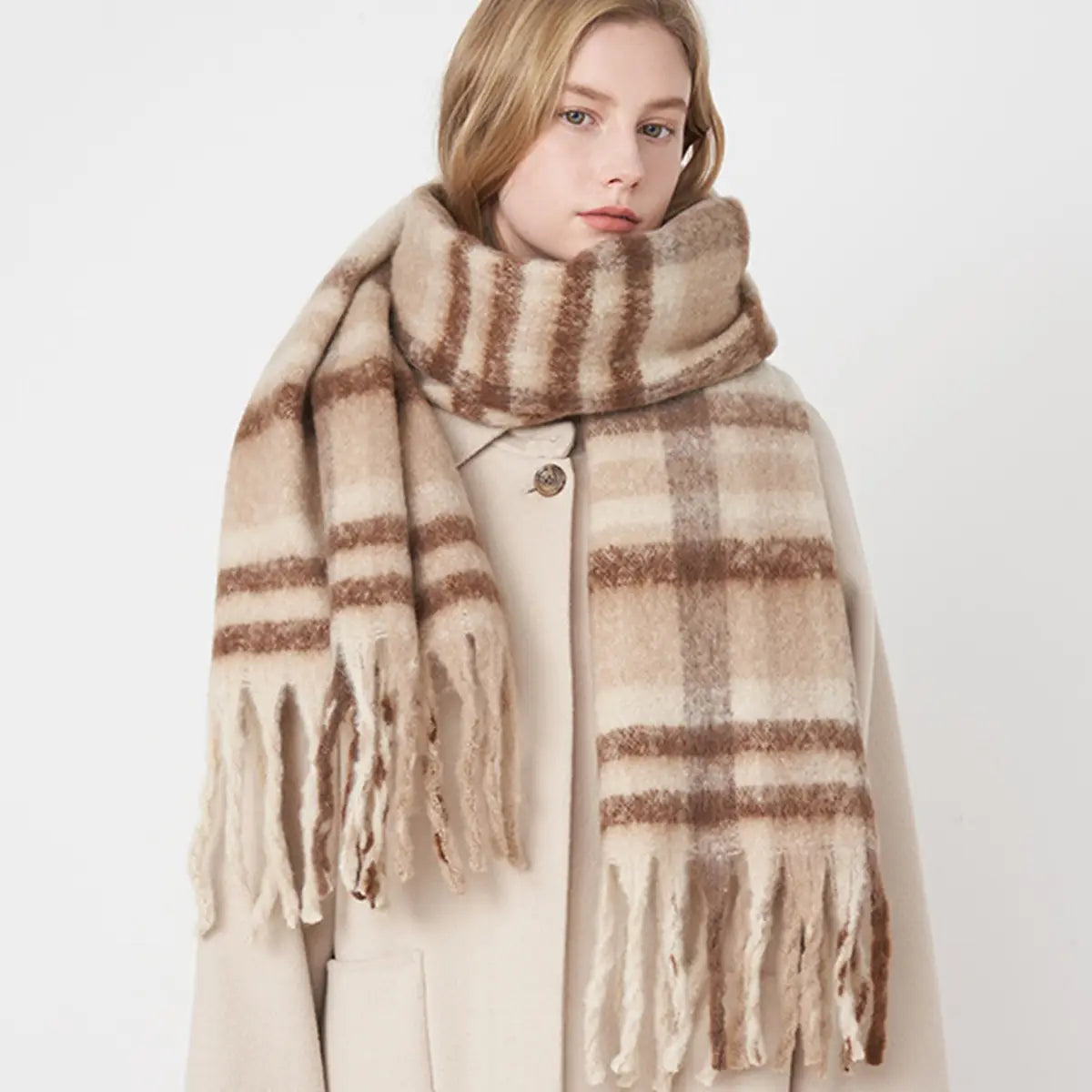 Tan Striped Blanket Scarf